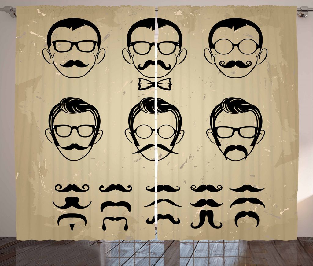ABAKUHAUS Geek Rustikaler Gardine, Männliches Gesicht Schnurrbart Haar, Schlafzimmer Kräuselband Vorhang mit Schlaufen und Haken, 280 x 245 cm, E...