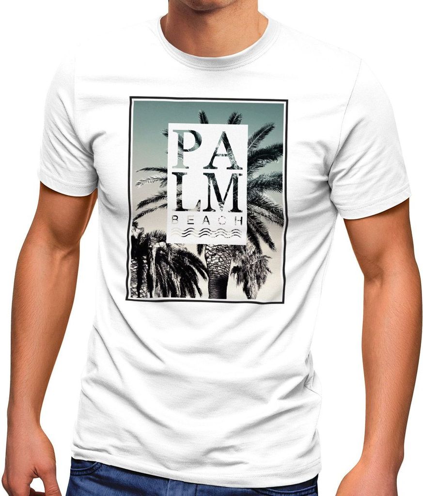 Herren T-Shirt Palm Beach Palmen Wellen Sommer Sonne USA Amerika Fashion Streetstyle Neverless weiß 4XL
