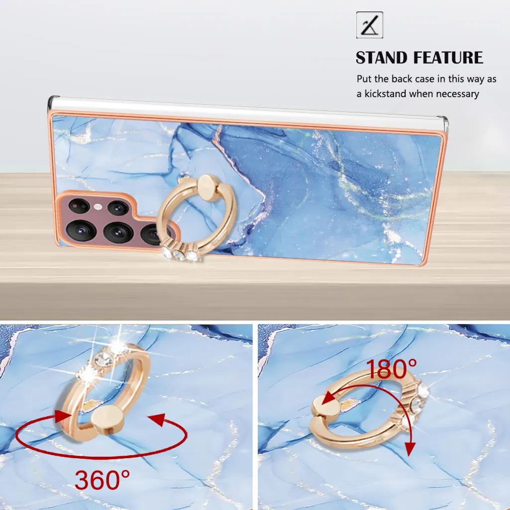 Custodia per Samsung Galaxy S22 Ultra 5G, custodia protettiva in silicone TPU bumper a fantasia con supporto ad anello blu - 9