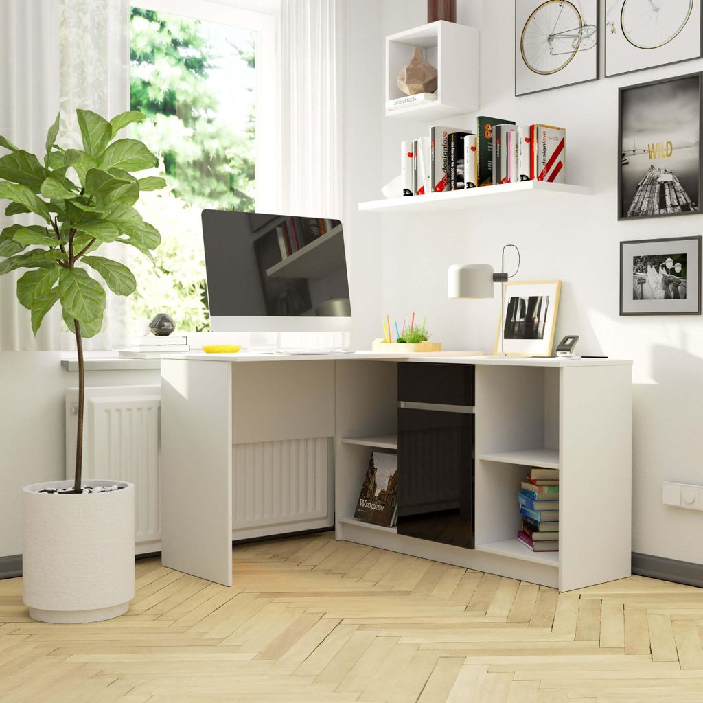 Eckschreibtisch mit Sideboard – Eck Computertisch – Weiß / Schwarz Hochglanz – 120 cm – Flexible Arbeitsplatzlösung mit integrierter Kommode