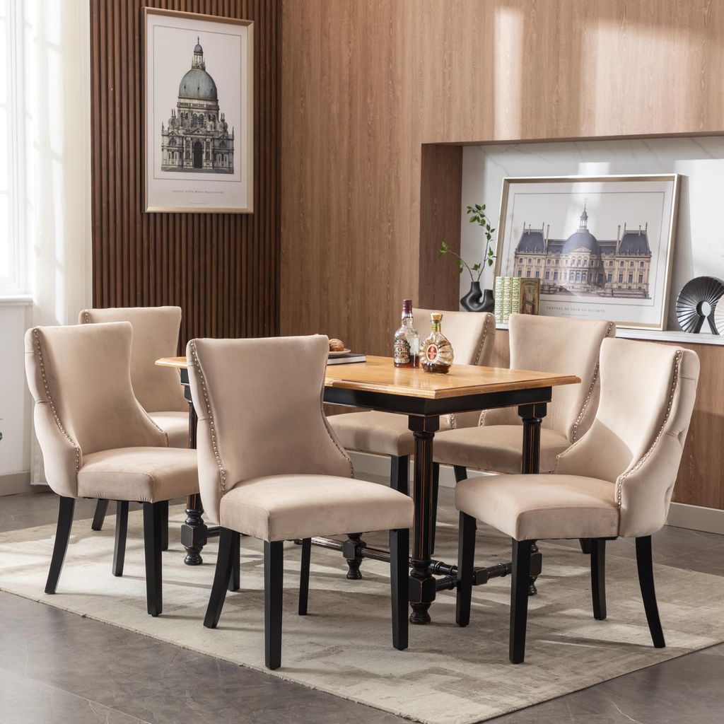 Fortuna Lai 4-Fußstuhl, Stuhl Beige Samt Esszimmerstuhl, mit Knopfsteppung, Gestell aus Massivholz, Beige(Set, 6 St)