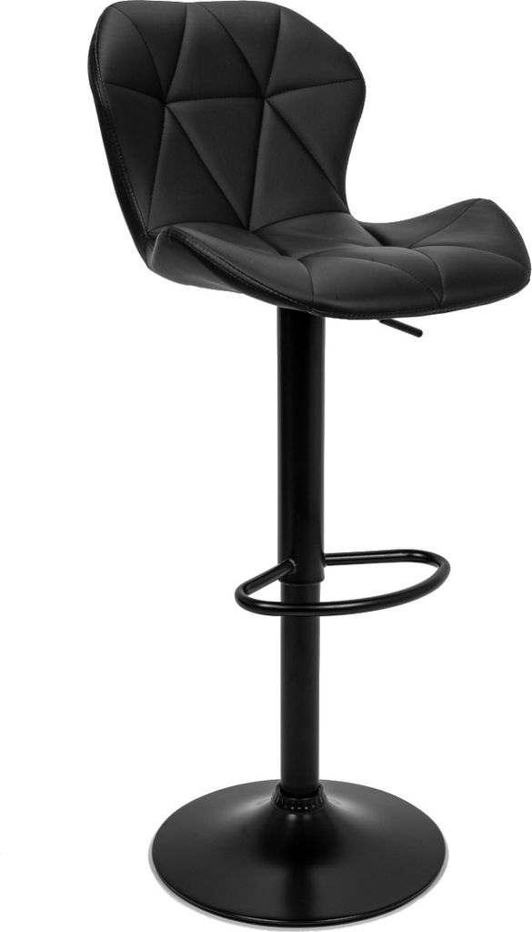 A black bar stool is shown against a white background.