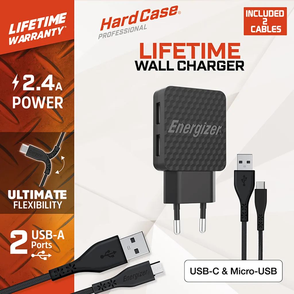 Chargeur Secteur Energizer HardCase Ultra Résistant + 2 Câbles Inclus - 6