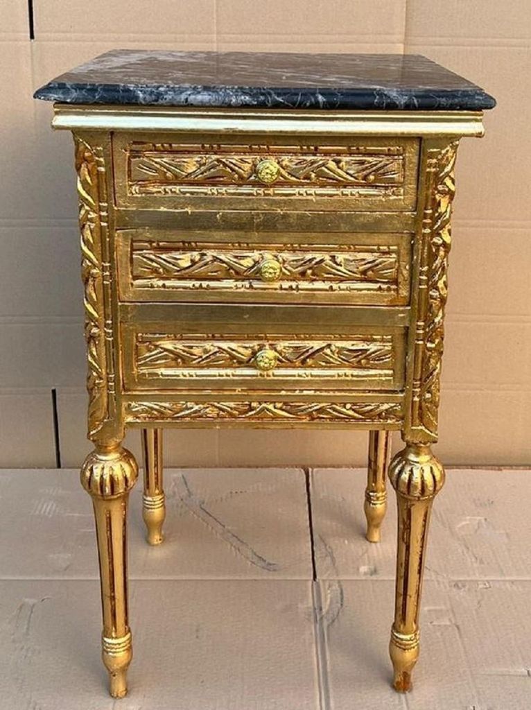 Casa Padrino Barock Nachtkommode Gold / Schwarz - Prunkvolle Barockstil Kommode mit 3 Schubladen und Marmorplatte - Barock Möbel - Schlafzimmer M...