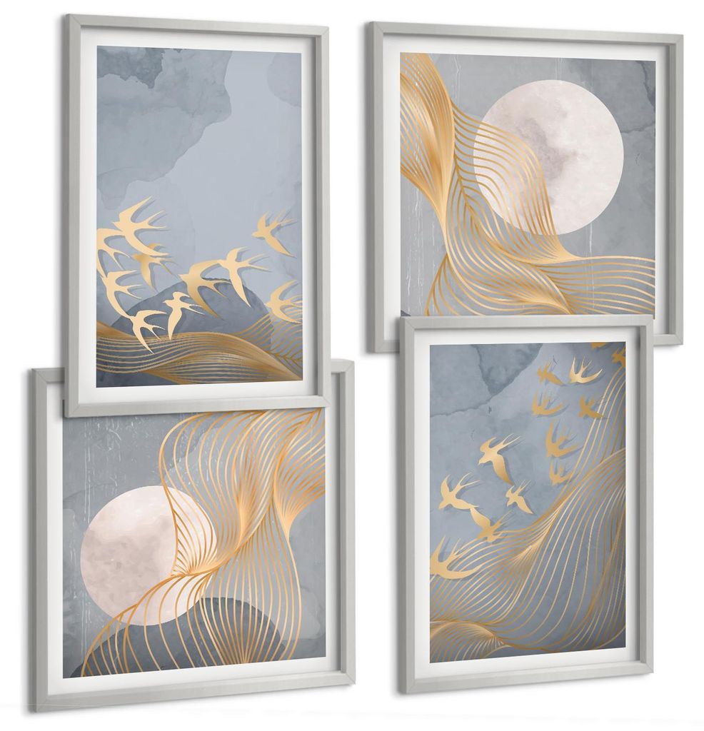 Bilder Set 4-teilig im silbergerahmten Rahmen – Wandbilder 4 Stück – gerahmte Poster für Wohnzimmer, Schlafzimmer und Flur – 50x50 cm - 40x...