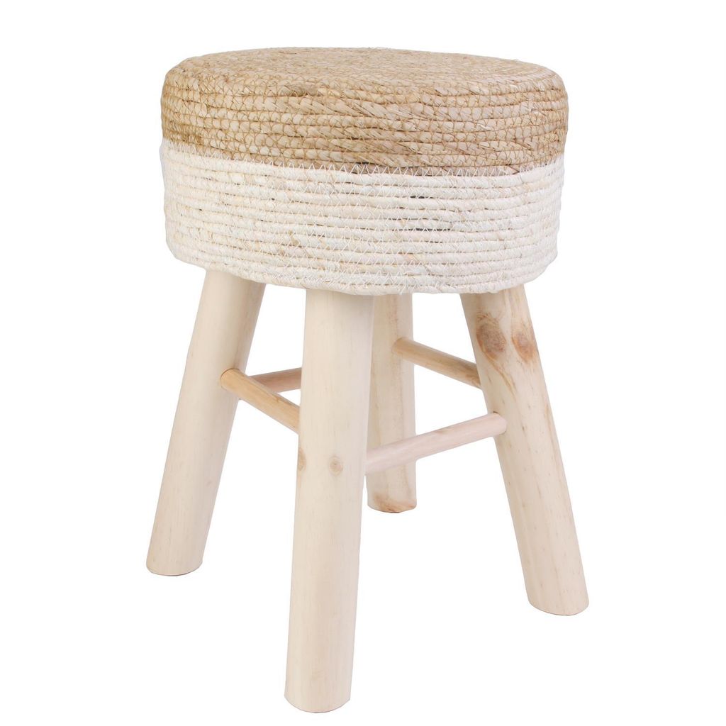 Runder Hocker aus Jute und Holz – Ø 30 x 42 cm – Boho-Design – Multifunktionaler Hocker für Wohnzimmer, Schlafzimmer und Flur – Braun/Weiß