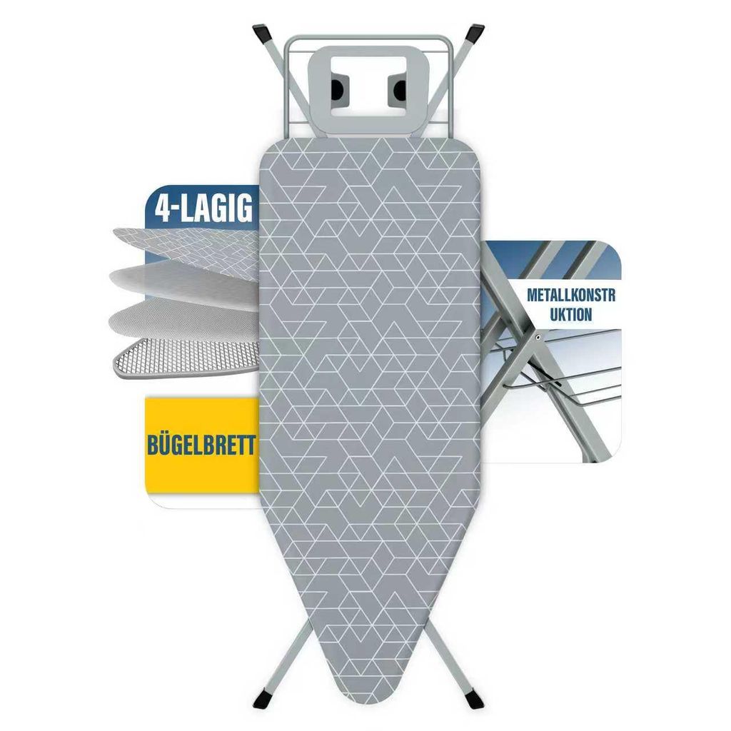 An ironing board with layered graphics showing its construction and a close-up of its metal frame.