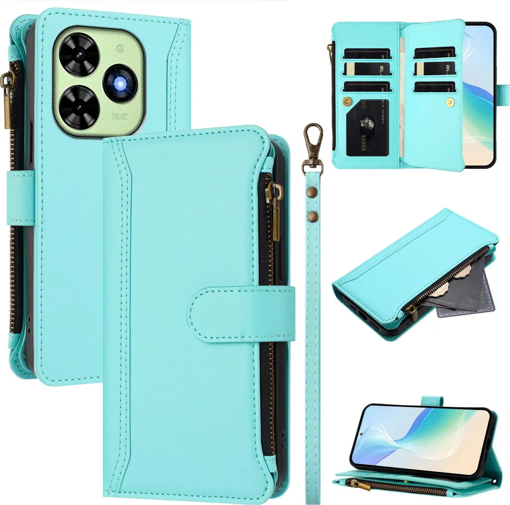 Cover Tecno Spark 20C Portafoglio con Tasca Zip Verde Pastello