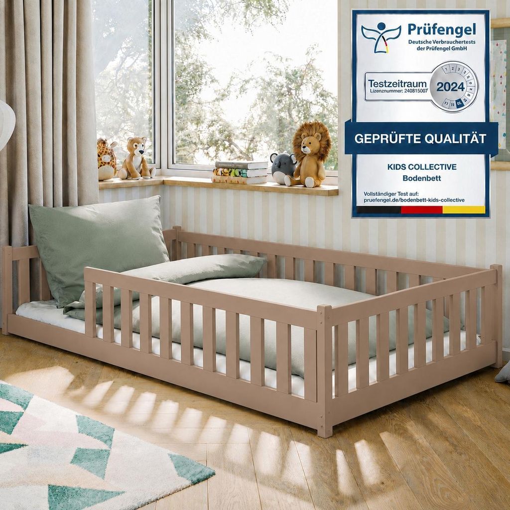 Kinderbett Bodenbett 120x200 cm mit Rausfallschutz & Lattenrost Montessori Bett Bed Gitterbett Kinder Jugendbett Einzelbett | Milchschokolade