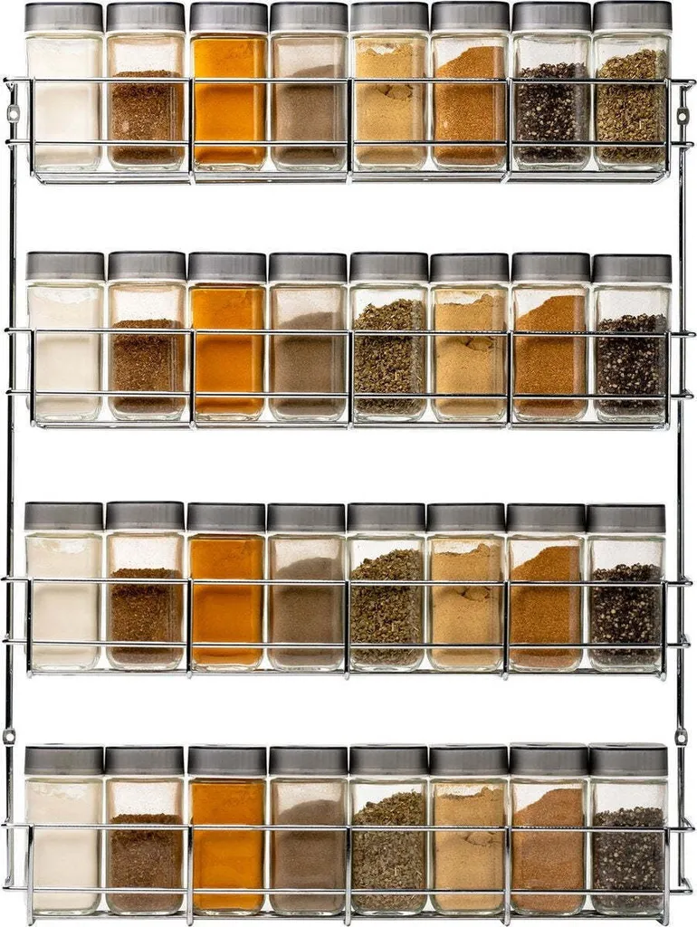 Rangez vos 32 pots à épices avec ce rack mural chromé 4 niveaux
