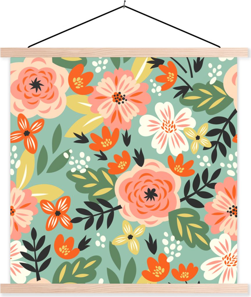 MuchoWow Textilposter Blumen - Illustration - Muster 40x40 cm mit holzfarbenen Rahmen - Posterleiste