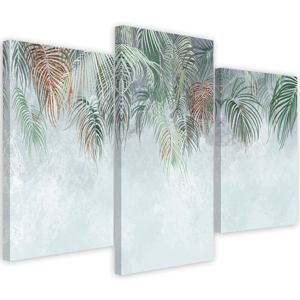Triptychon auf leinwand palmenblätter 150x100 cm Feeby silber wandbild bereit zum aufhängen