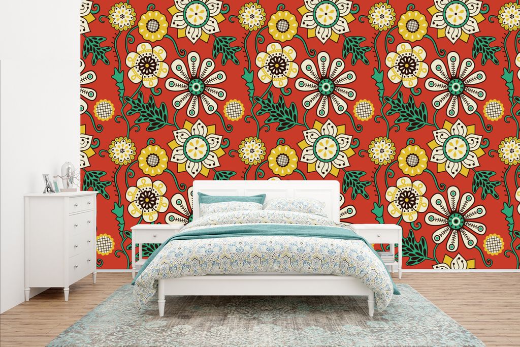 MuchoWow Fototapete für Wohnzimmer oder Schlafzimmer Wandtapete Vinyl Motivtapete Design - Blumen - Hippie - Retro - 435x260 cm - Kinderzimmer