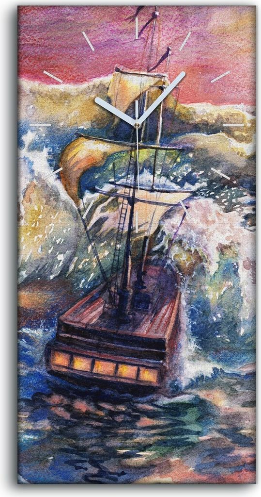 Dekor Leinwand Uhr Wandbilder Quarz 30x60 Wellen Meer Segel Schiff Himmel bunte - weiße Hände