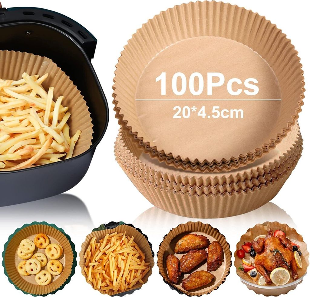 100 Stück Backpapier Airfryer, Air Fryer Pergamentpapier, Antihaft-Einweg-Papiereinlage, Backzubehör für Ofen, Mikrowelle 20 x 4,5cm