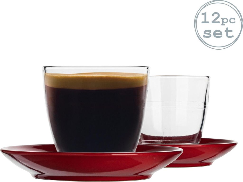Duralex 12 Stück Gigogne Glas Kaffeetasse und Keramik Untertasse Set - Modern Style Tumbler-Becher für Latte Cappuccino - Rot - 220ml