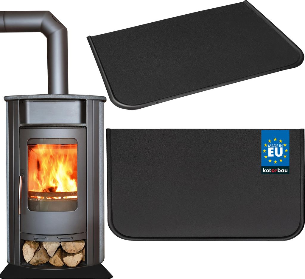 A wood-burning stove and two black protective plates are shown against a white background.