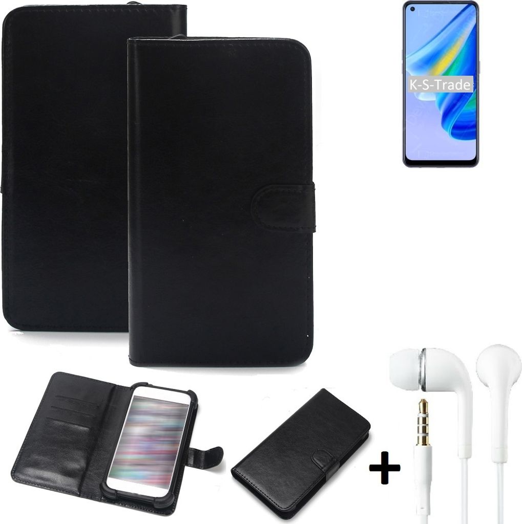 K-S-Trade Wallet Case Handyhülle kompatibel mit Oppo A95 4G Schutzhülle Flip cover Flipstyle Tasche Hülle Flipcover Slim Bumper schwarz + in ear