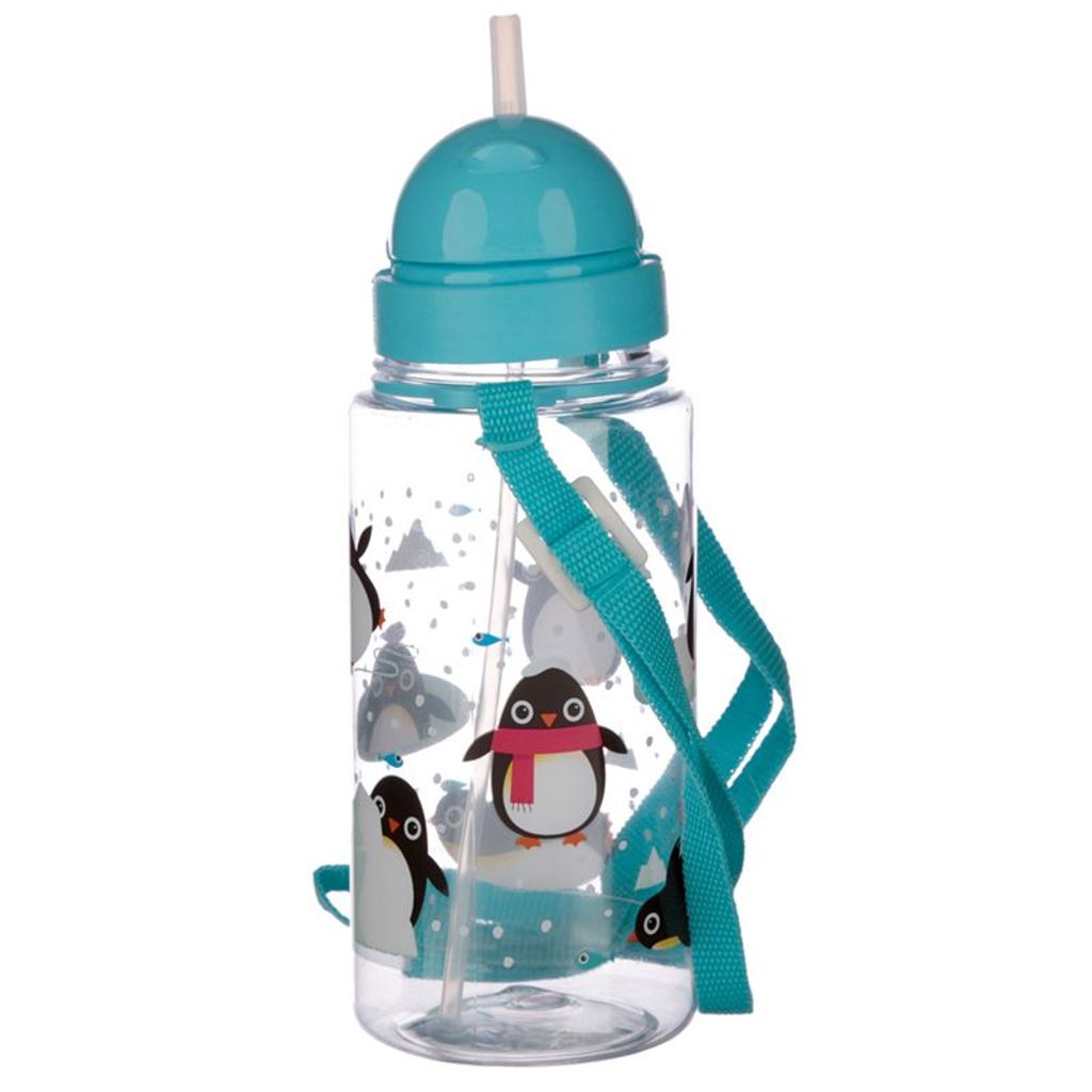 Kinder Wasserflasche Pinguin mit Strohhalm & Tragekordel 450 ml Trinkflasche 
