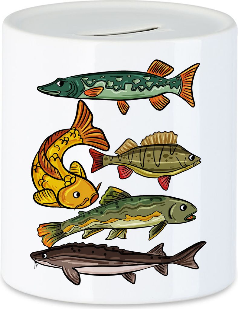 Süßwasserfische Spardose Angler Geschenkidee Hecht Forelle Karpfen Stöer Barsch