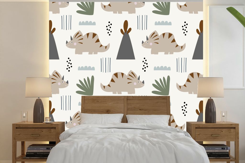 MuchoWow Fototapete für Wohnzimmer oder Schlafzimmer Wandtapete Vinyl Motivtapete Jungen - Kinder - Dinosaurier - 260x260 cm - Papiertapeten