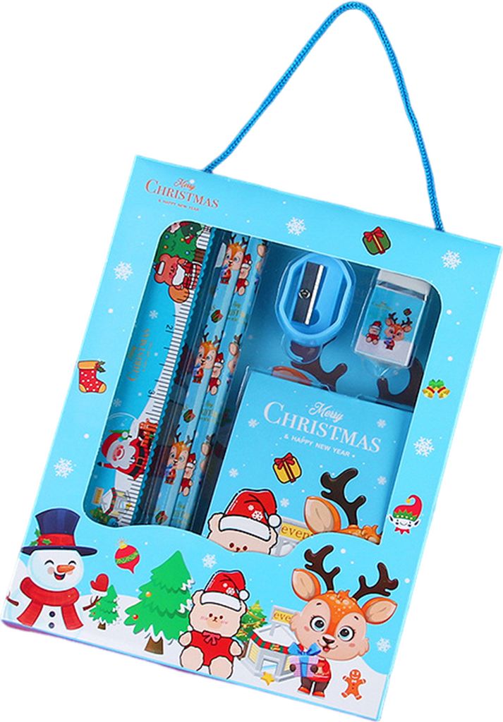Weihnachts-Briefpapier-Set, Cartoon-Weihnachtsmuster, Bleistiftspitzer, Radiergummis, Bleistifte, Kawaii-Schule-Briefpapier