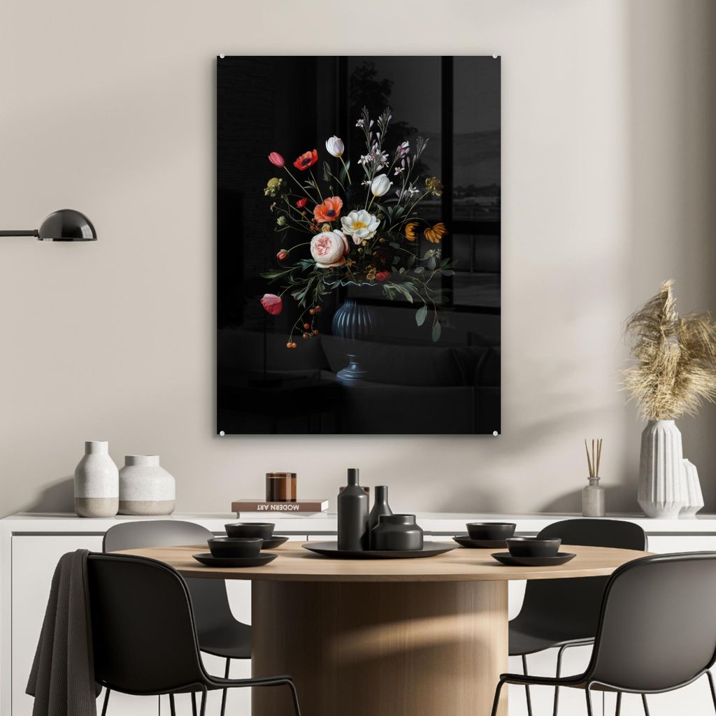 MuchoWow Glasbilder - Bilder auf Wandbild - Foto auf Glas Blumenarrangement - Vase - Schwarz 60x80 cm Wanddekoration aus Glas - Acrylglasbild - Acr...