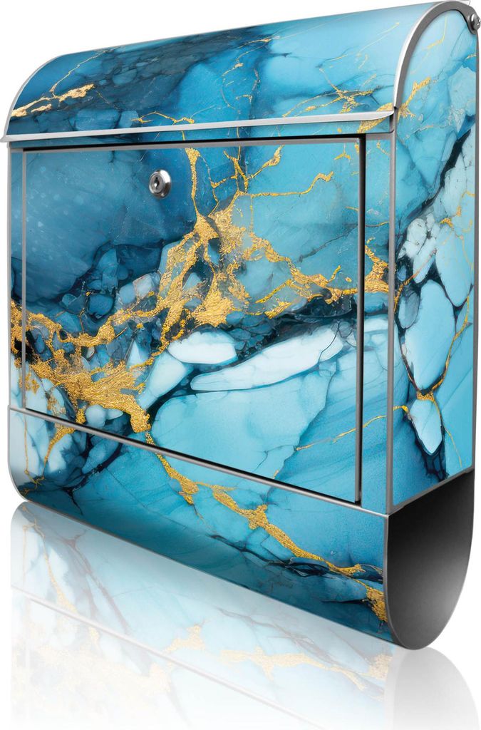 banjado Design Briefkasten Stahl silber mit Zeitungsfach pulverbeschichtet "Blauer Marmor mit Gold 2" 38x46x12,5cm & 2 Schlüssel - Postkasten A4 E...