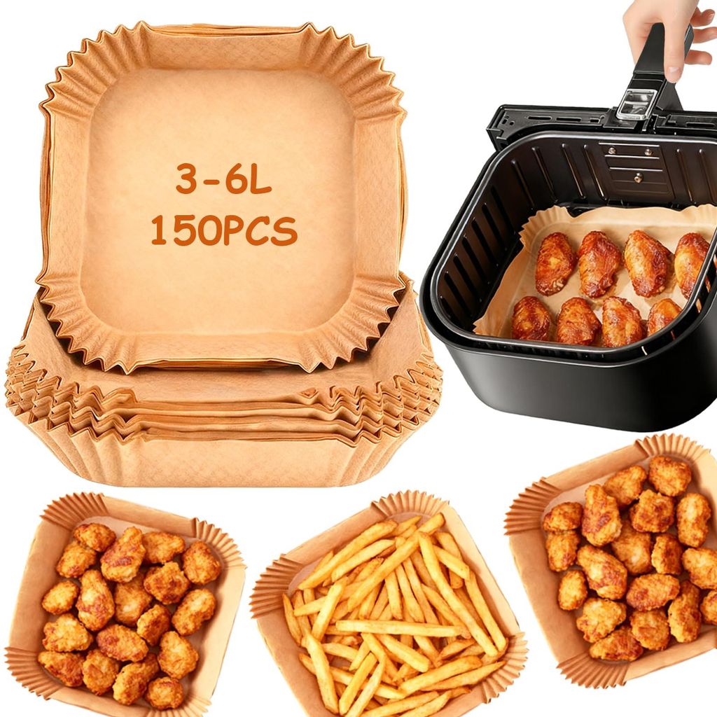 150 Blatt Backpapier für Heißluftfritteusen (3-6 Liter), 16-20 cm Quadrat, wasserfestes Backpapier für Heißluftfritteusen, Backöfen und Mikrow...