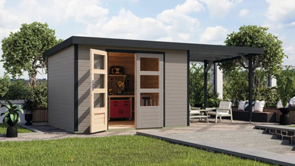Gartenhaus Karibu Metalwood 5D Blech anthrazit inkl. Anbaudach 2,35 m 541,5 x 266,5 cm wassergrau