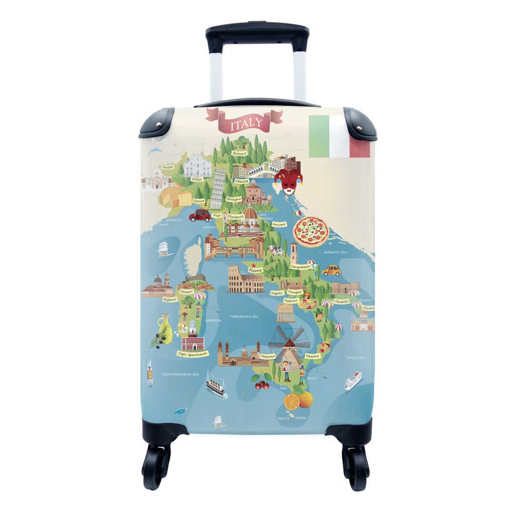 MuchoWow Koffer Handgepäck Trolley Rollkoffer Kleine Reisekoffer mit 4 Rollen - Karte - Italien - Illustration - Cabin Size < 55x40x23 cm & 55x4...