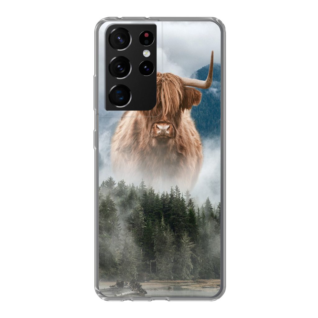 MuchoWow Handyhülle Schutzhülle Hülle für Samsung Galaxy S21 Ultra Schottische Highlander - Kühe - Nebel Silikon Softcase Handy Hülle - Mob...