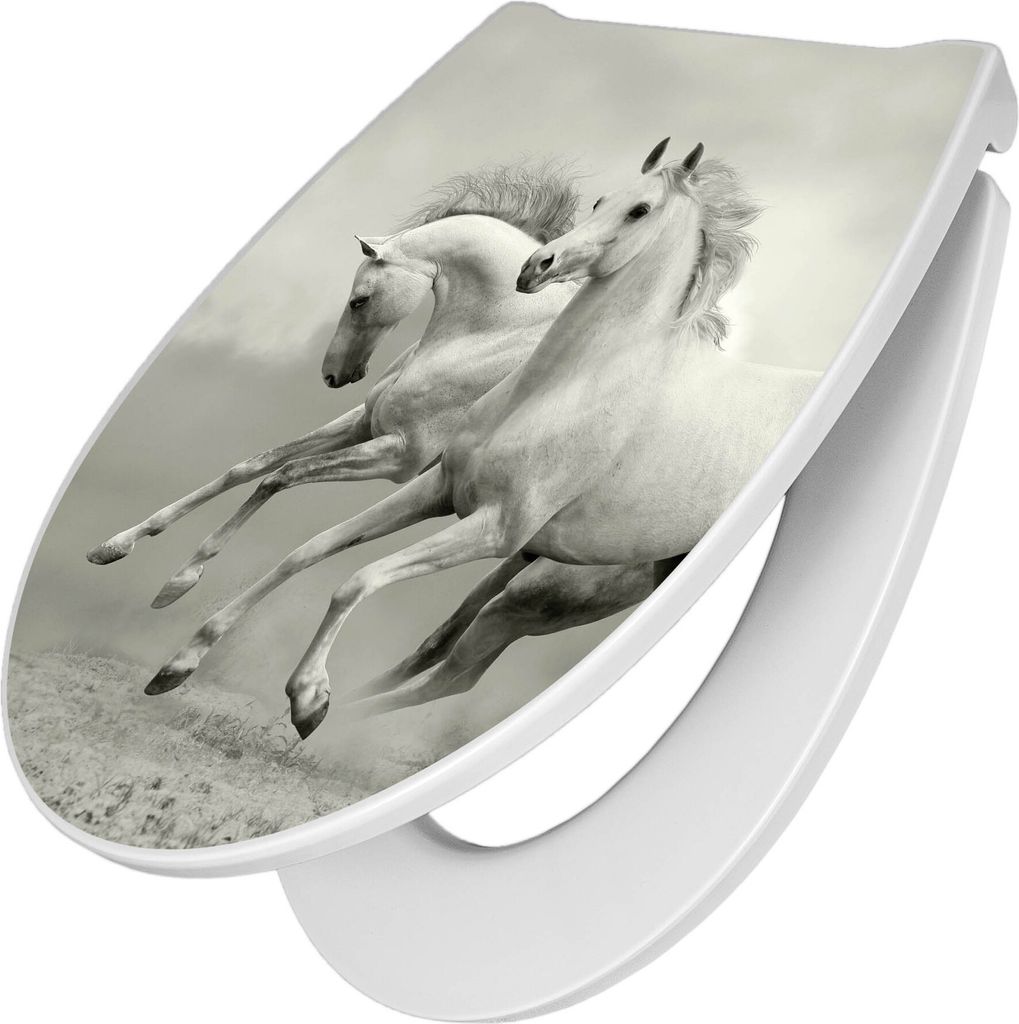 banjado Premium Toilettendeckel mit Absenkautomatik 44x37cm - Wilde Pferde SW - WC Brille Soft Close - hygienischer Toilettendeckel/Klodeckel Durop...