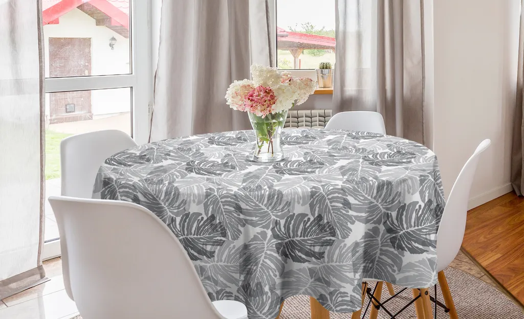 Tovaglia Rotonda 150cm ABAKUHAUS Foglie Esotiche Grigio Tortora Bianco