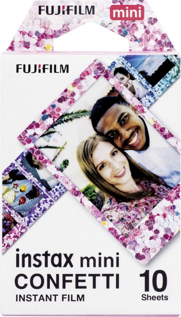 A box of Fujifilm Instax Mini Confetti instant film.
