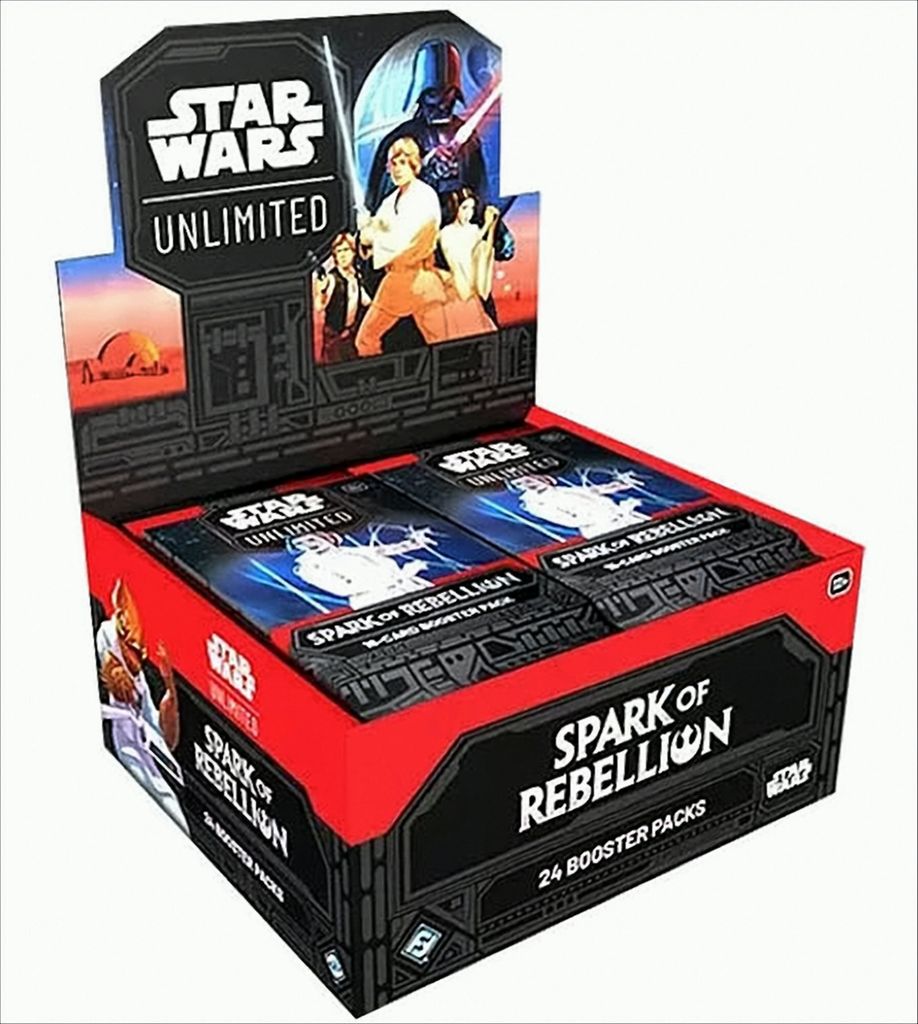 A booster box of Star Wars Unlimited Spark of Rebellion trading cards.