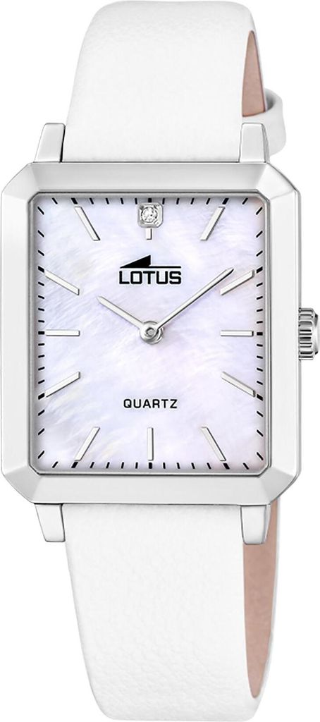 A square-faced watch with a white mother-of-pearl dial and a white leather strap, shown from a front-facing angle against a white background.