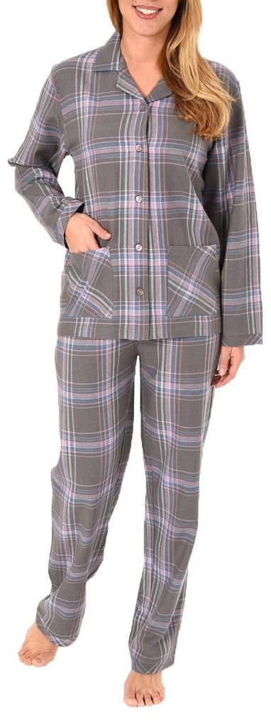 Damen Flanell Pyjama langarm Schlafanzug in karierter Optik- 61810 ; dunkelgrau , 44