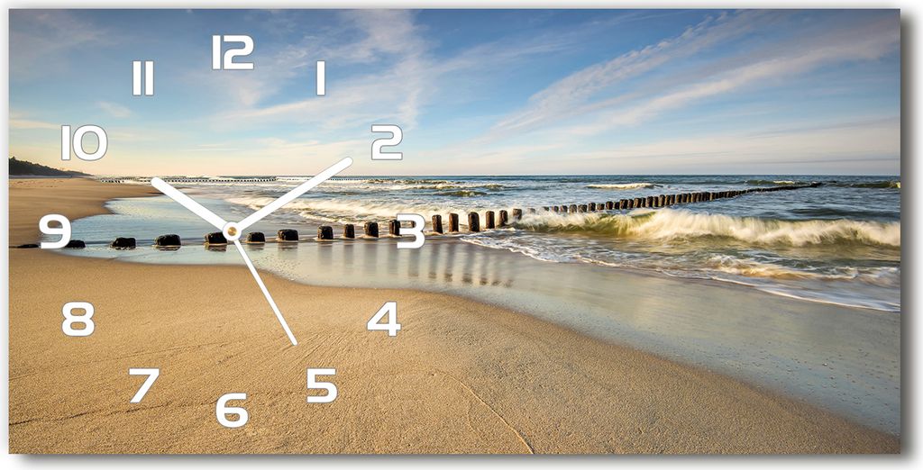 Wanduhr aus Glas – 60x30 cm - Glasbild - Glasuhr - Gehärtetes Glas - weisse-zeiger - Strand an der Ostsee