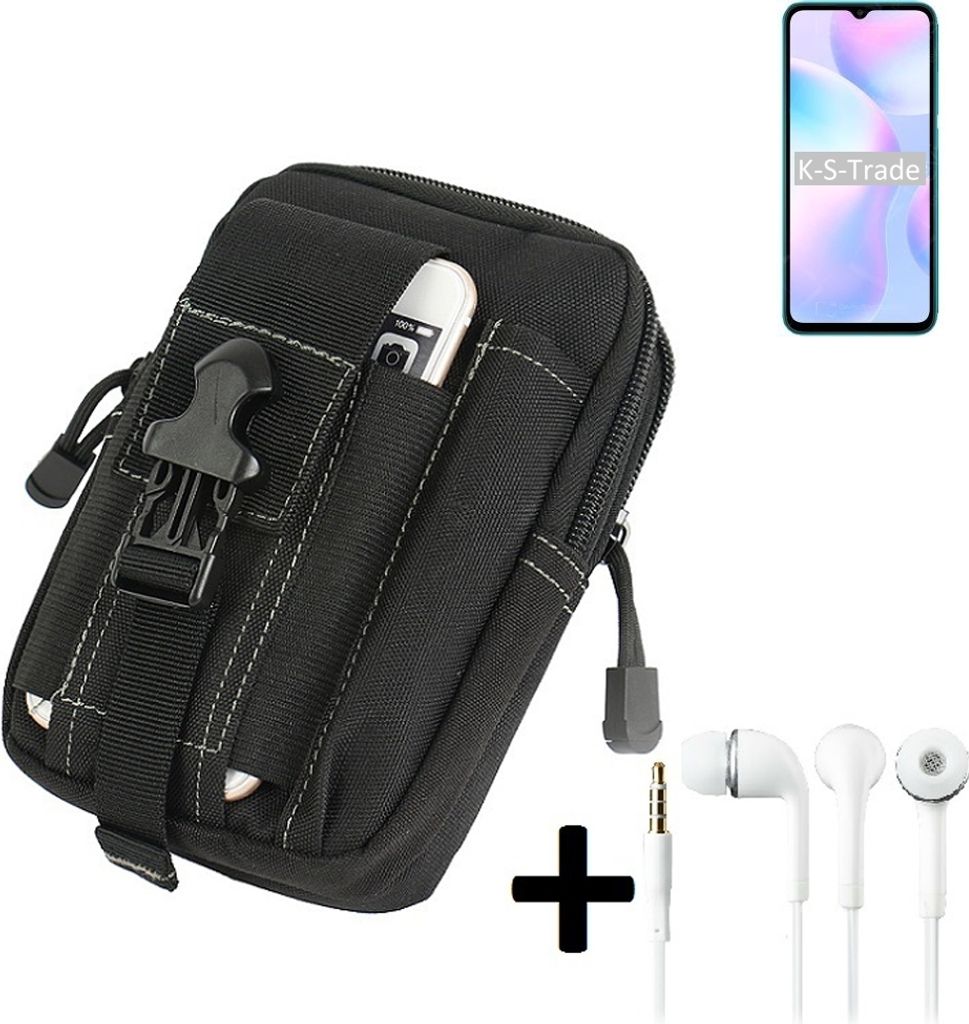 K-S-Trade Gürteltache + Kopfhörer kompatibel mit Xiaomi Redmi 9i Sport Gürtel Tasche Holster Schutz Hülle Handy Hülle schwarz inkl. Extrafächer
