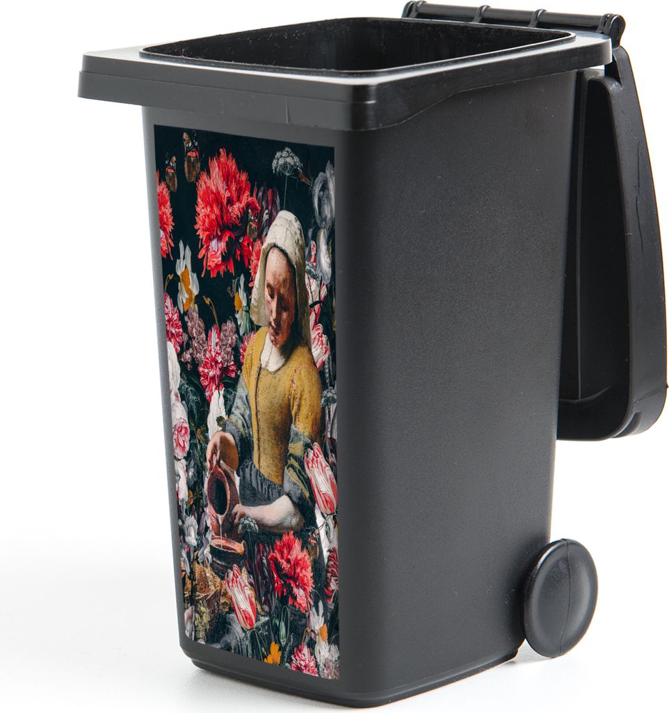 MuchoWow Mülltonnenaufkleber Milchmädchen - Vermeer - Blumen 38x80 cm - Behälteraufkleber - Mülleimer-Aufkleber - Container-Aufkleber