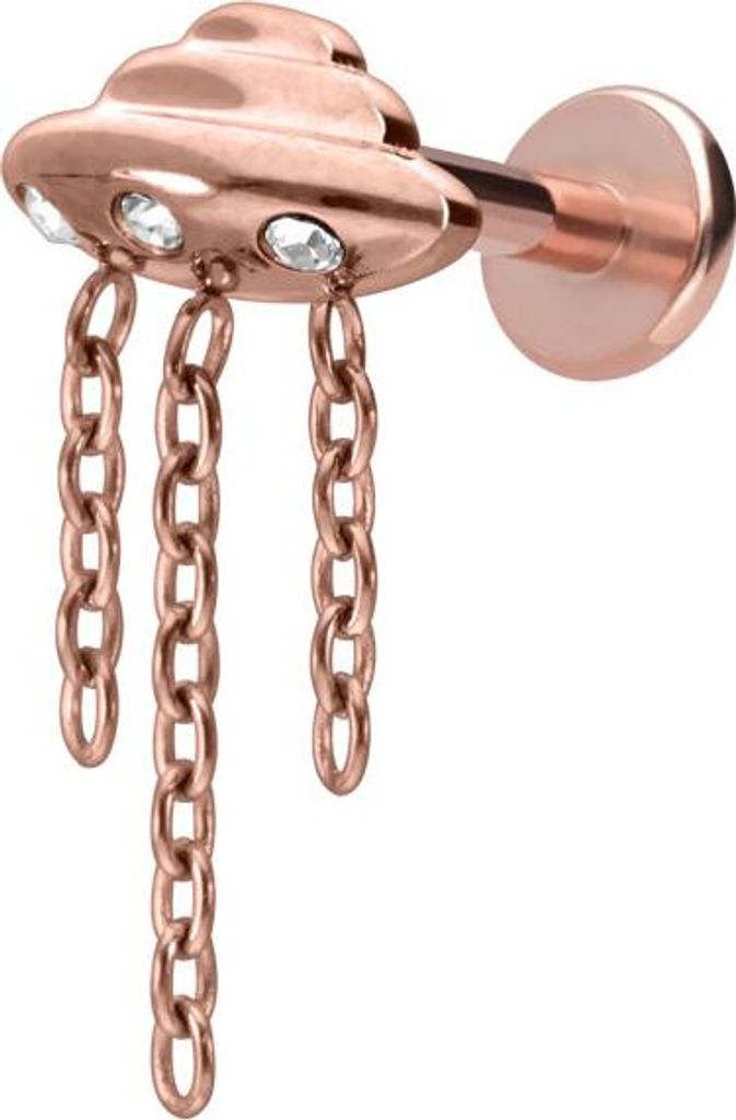 Ohrpiercing, Nasenpiercing Titan Labret mit Innengewinde UFO + KETTE + KRISTALLE RoséGold Stablänge: 7mm | Stabstärke: 1,2mm