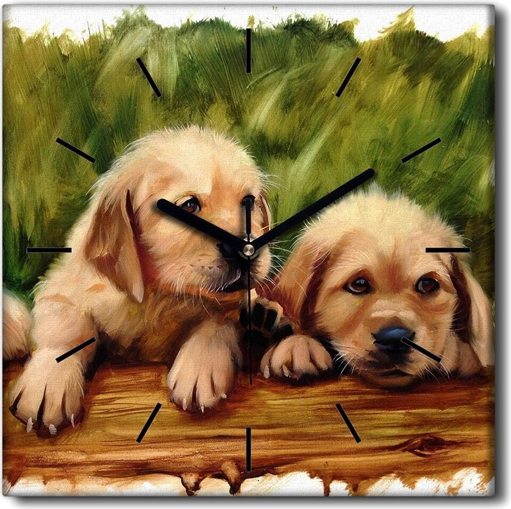 Coloray Uhr auf Leinwand 30x30 cm Wand Uhr Dekoration Wohnzimmer Segeltuch schwarze Hände -Hunde Tiere Gras