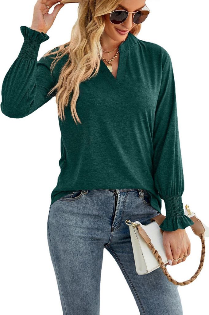 ASKSA Damen Blasen Langarm T-Shirt Elegant V-Ausschnitt Rüschenärmel Lässiges Lose Einfarbig Oberteil, Grün, L