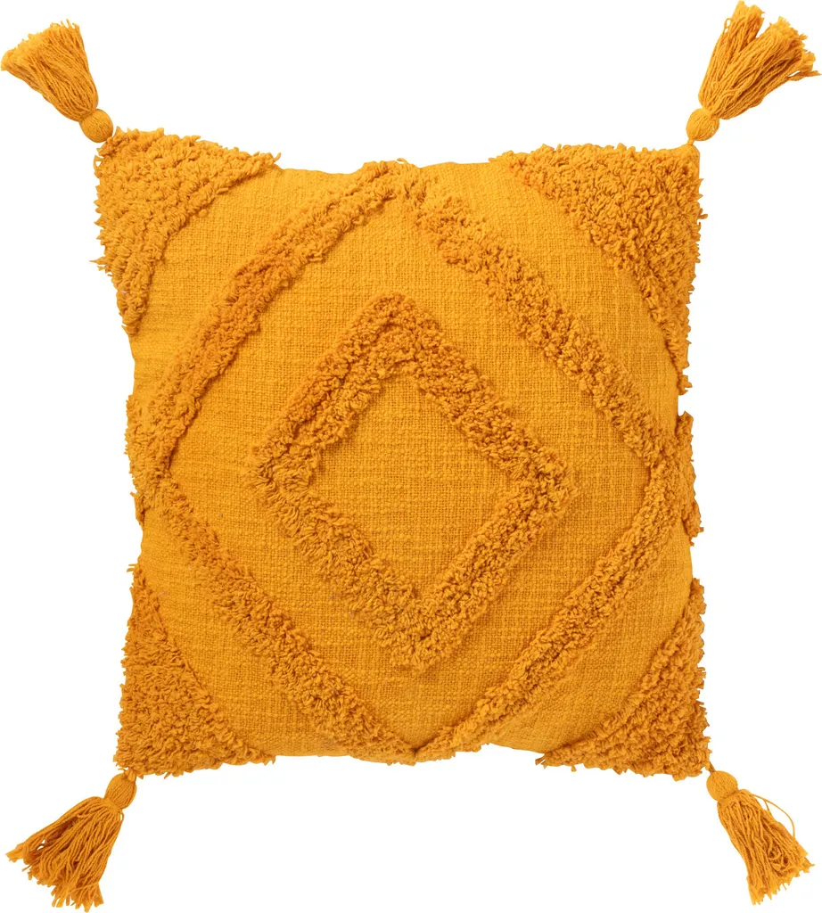 Coussin en Coton Ocre à Motifs Tuftés et Pompons - Qualité J-Line