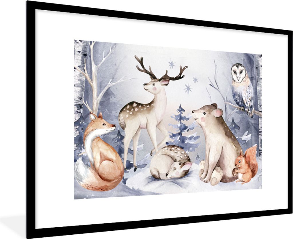 MuchoWow Gerahmtes Poster Winter - Tiere - Schnee 90x60 cm - Poster mit Schwarzem Bilderrahmen Wandposter Rahmen Foto Bilder - Wanddekoration - F...