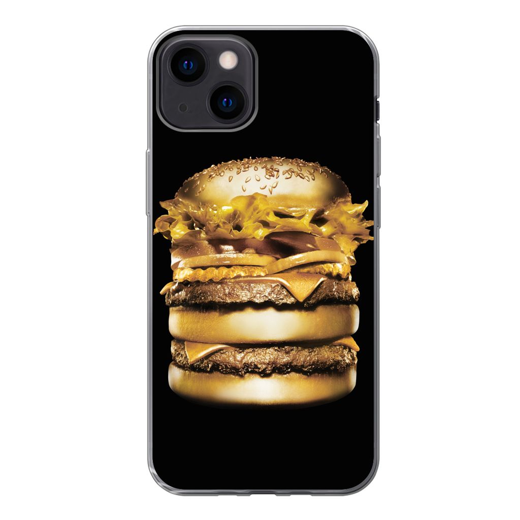 MuchoWow Handyhülle Schutzhülle Hülle für iPhone 13 Goldener Hamburger auf schwarzem Hintergrund. Silikon Softcase Handy Hülle - Karteninhaber