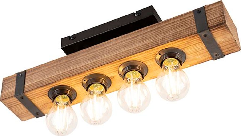 QAZQA - Industrie I Vintage I Smarte Industrie-Deckenleuchte I Deckenlampe I Lampe I Leuchte Holz mit stahl I nickel matt inkl. 4-flammig WiFi A60 ...