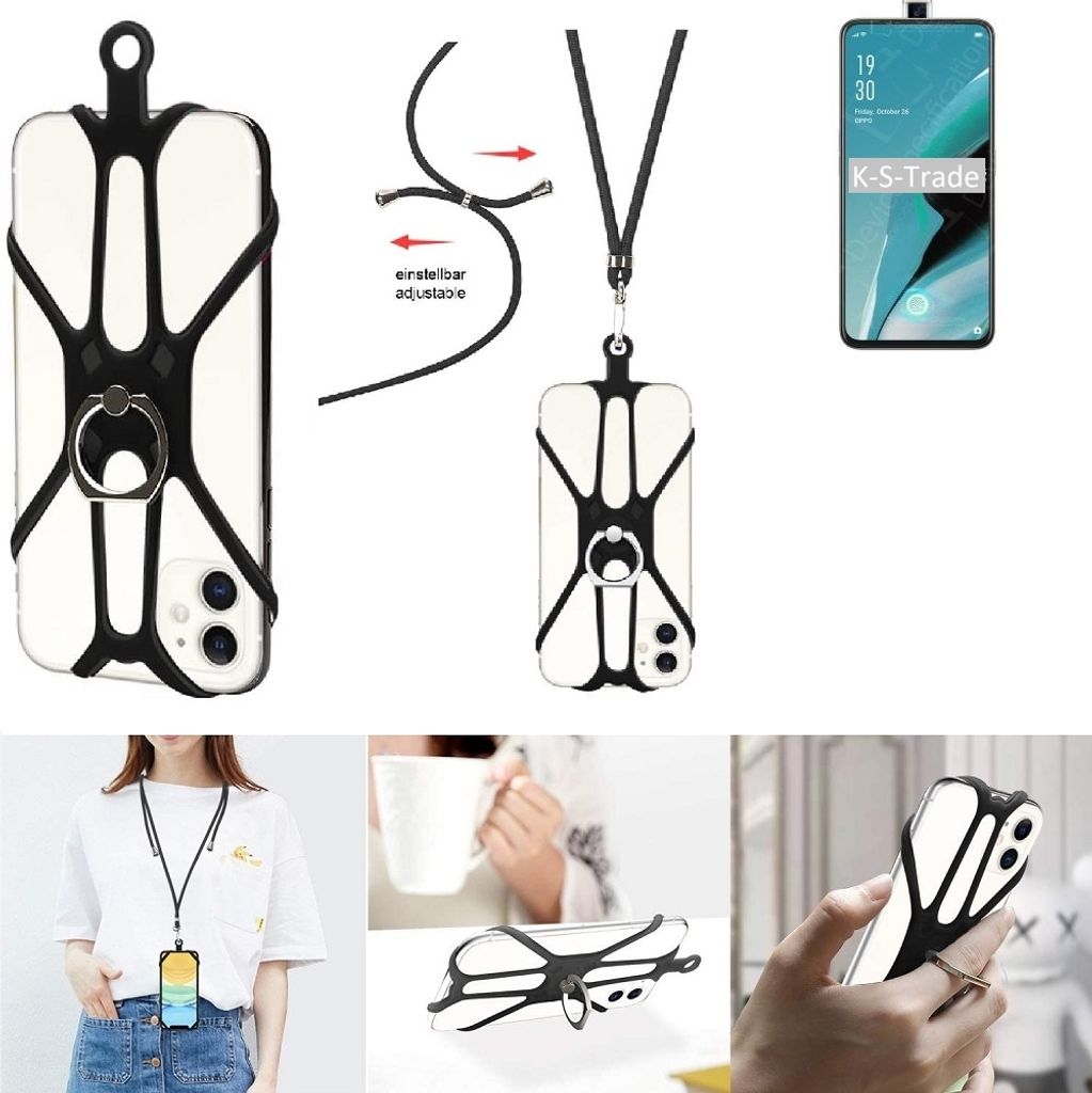K-S-Trade 3in1 Handykette Handyband Handykordel Halsband Smartphone-Ring Handy-Ring kompatibel mit Oppo Reno2 Z Fingerhalterung Handyring