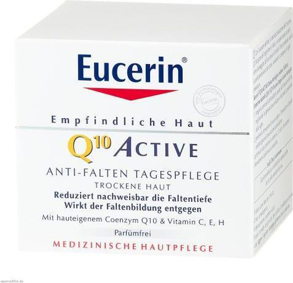 A product shot of a Eucerin Q10 Active Anti-Faltenpflegecreme jar on a white background.